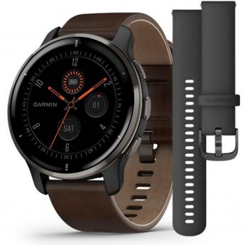 Часы GARMIN VENU 2 PLUS BLUE-GRAY STAINLESS STEEL BEZEL WITH BLUE-GRAY ENVELOPE AND BROWN LEATHER STRAP