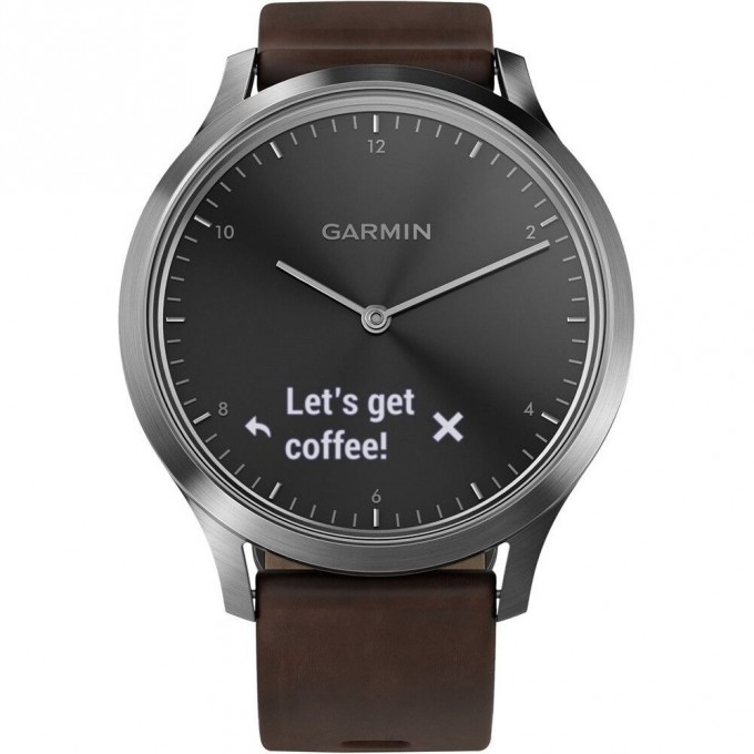 Часы GARMIN VIVOMOVE HR серебряные с темно-коричневым кожаным ремешком 010-01850-24